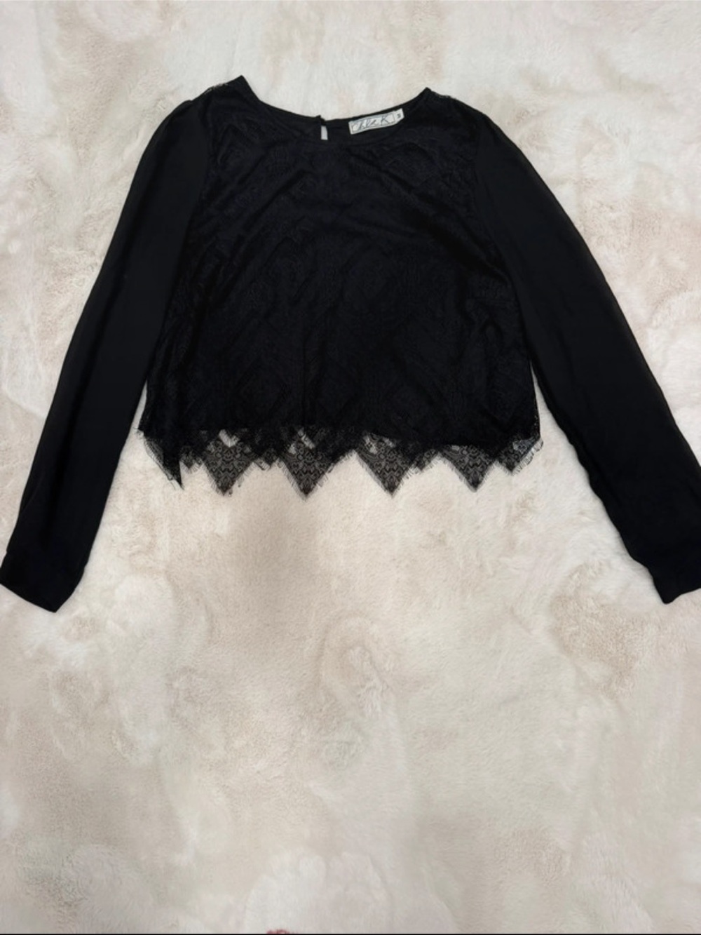 Chloe K Black Lace-Trim Long Sleeve Blouse